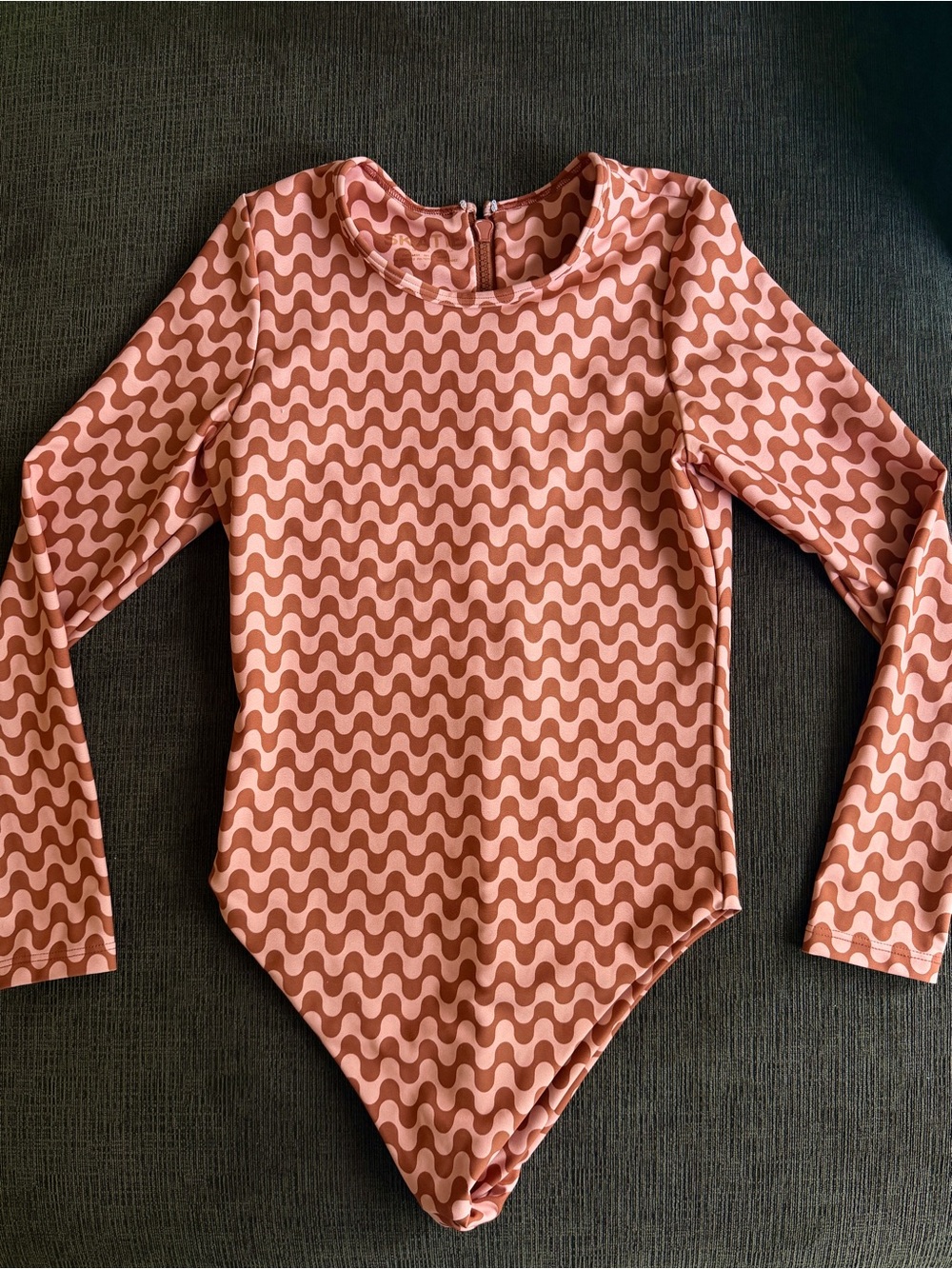 SKATIE Women's Long Sleeve One-Piece Swimsuit in Peach and Light Pink Wave Print